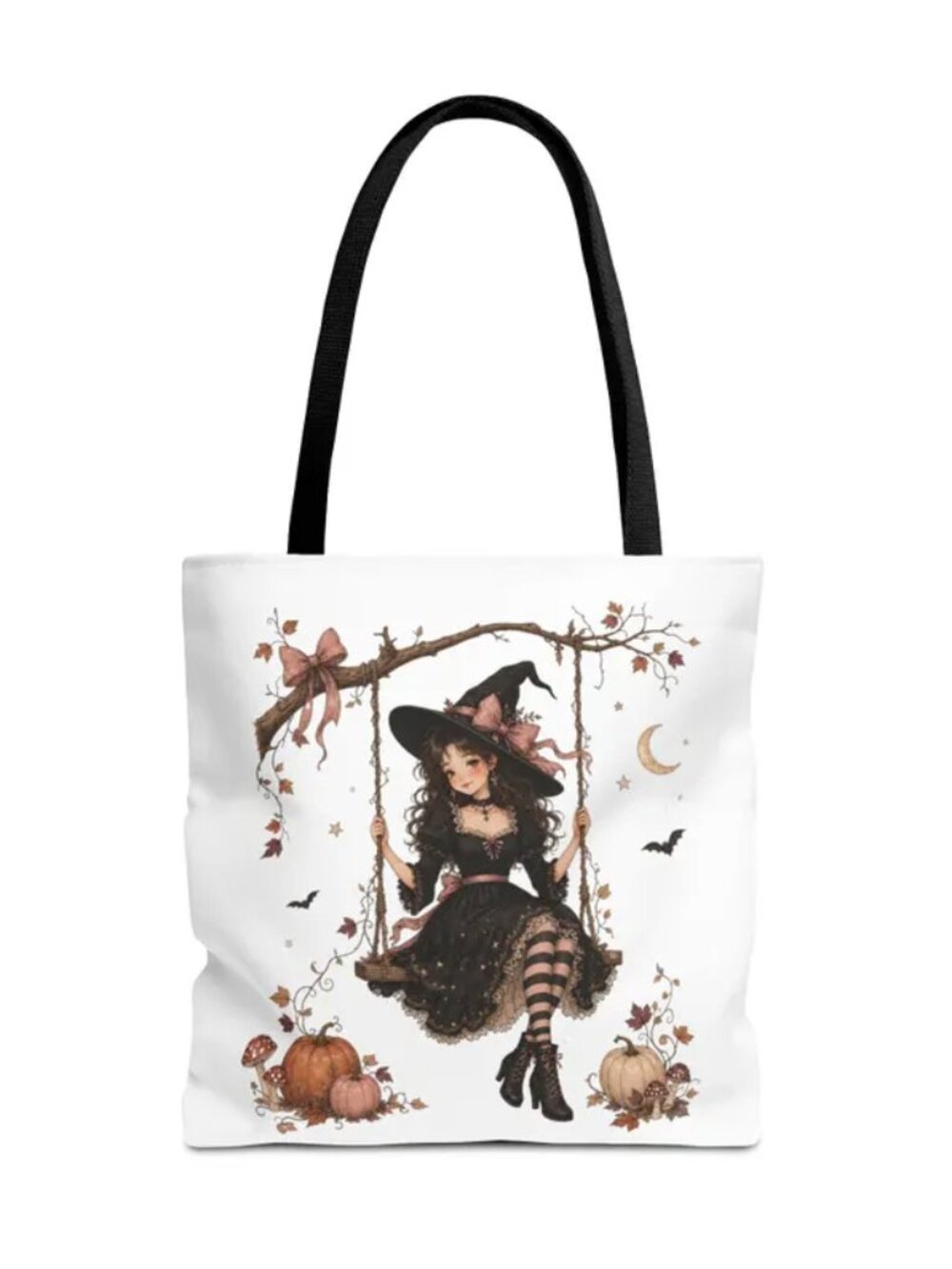 Whimsical Cottagecore Witch Tote Bag – 16" × 16" – Black Handle – Brand New